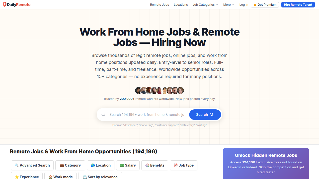 The homepage of DailyRemote, a platform offering advice and listings for remote work, emphasizing essential skills.