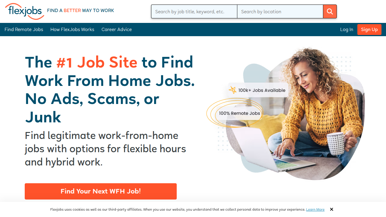 The homepage of FlexJobs, a specialized remote job board known for hand-screening job postings for legitimacy, offering a safer search environment.