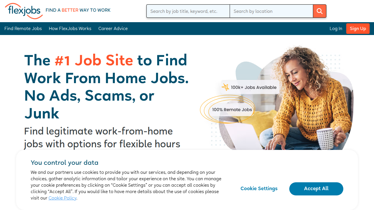 The homepage of FlexJobs, a reputable online platform dedicated to legitimate remote and flexible job opportunities.