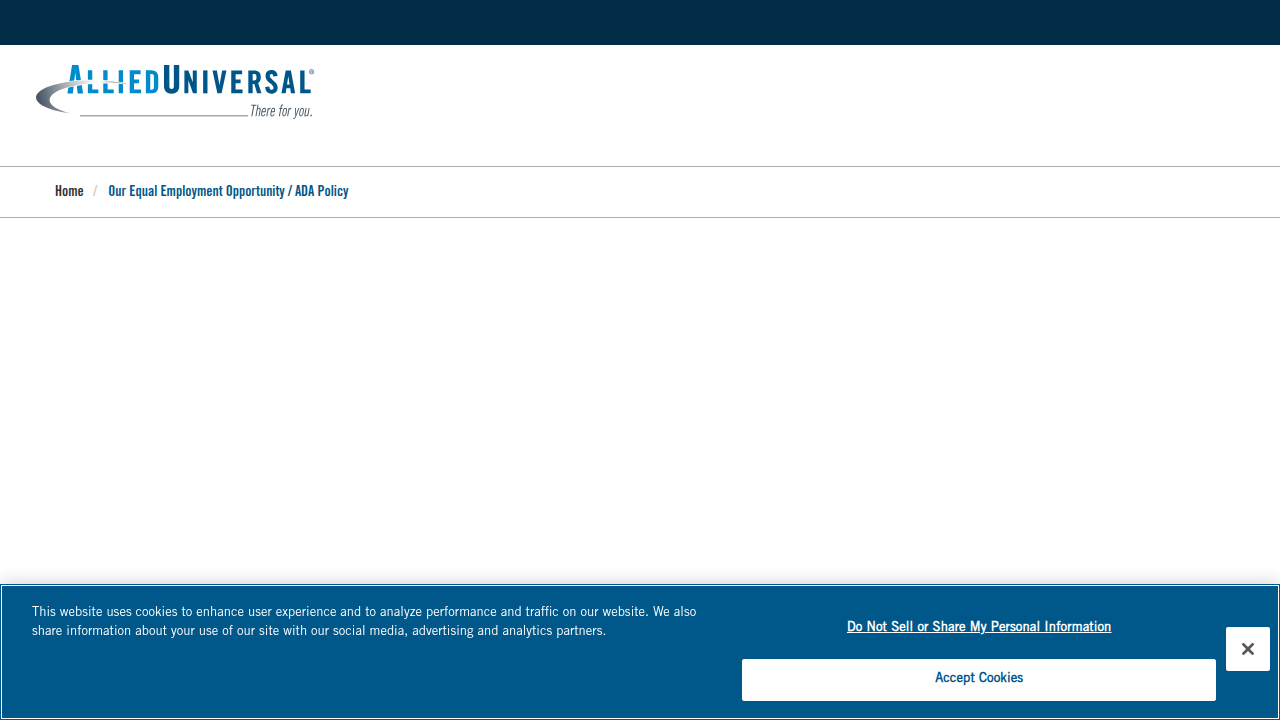 A screenshot of Allied Universal's Equal Employment Opportunity and ADA policy page, demonstrating their commitment to fairness.