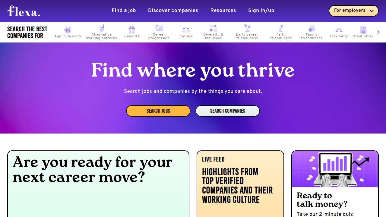 Screenshot of the Flexa website, a platform focused on showcasing remote-first company cultures and competency-based questions.