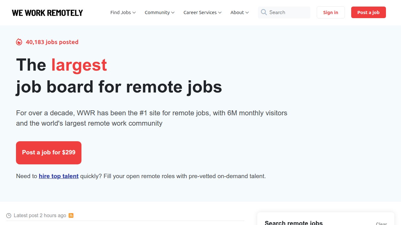 The We Work Remotely job board, showcasing its focus on tech and creative remote roles, with daily updates for urgent postings.