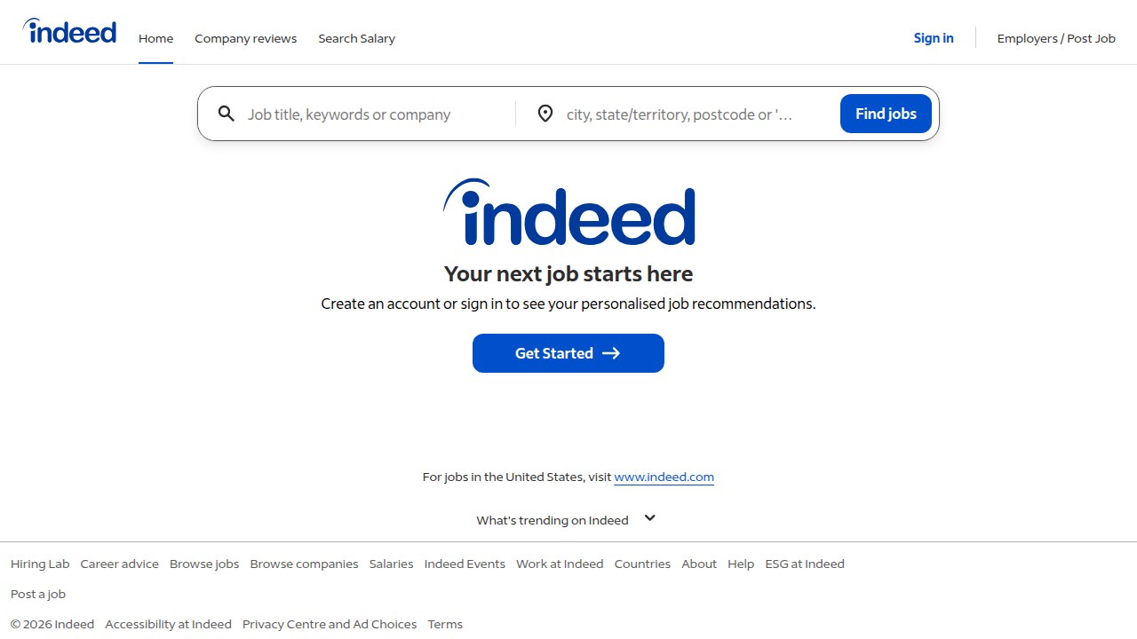 The Indeed homepage, illustrating its vast job listings and advanced filtering options for remote positions.