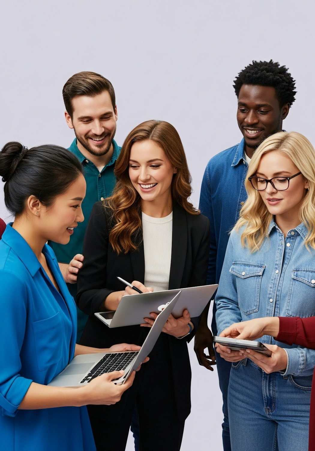 A diverse group of professionals actively collaborating remotely using various digital tools, emphasizing effective online communication and teamwork.