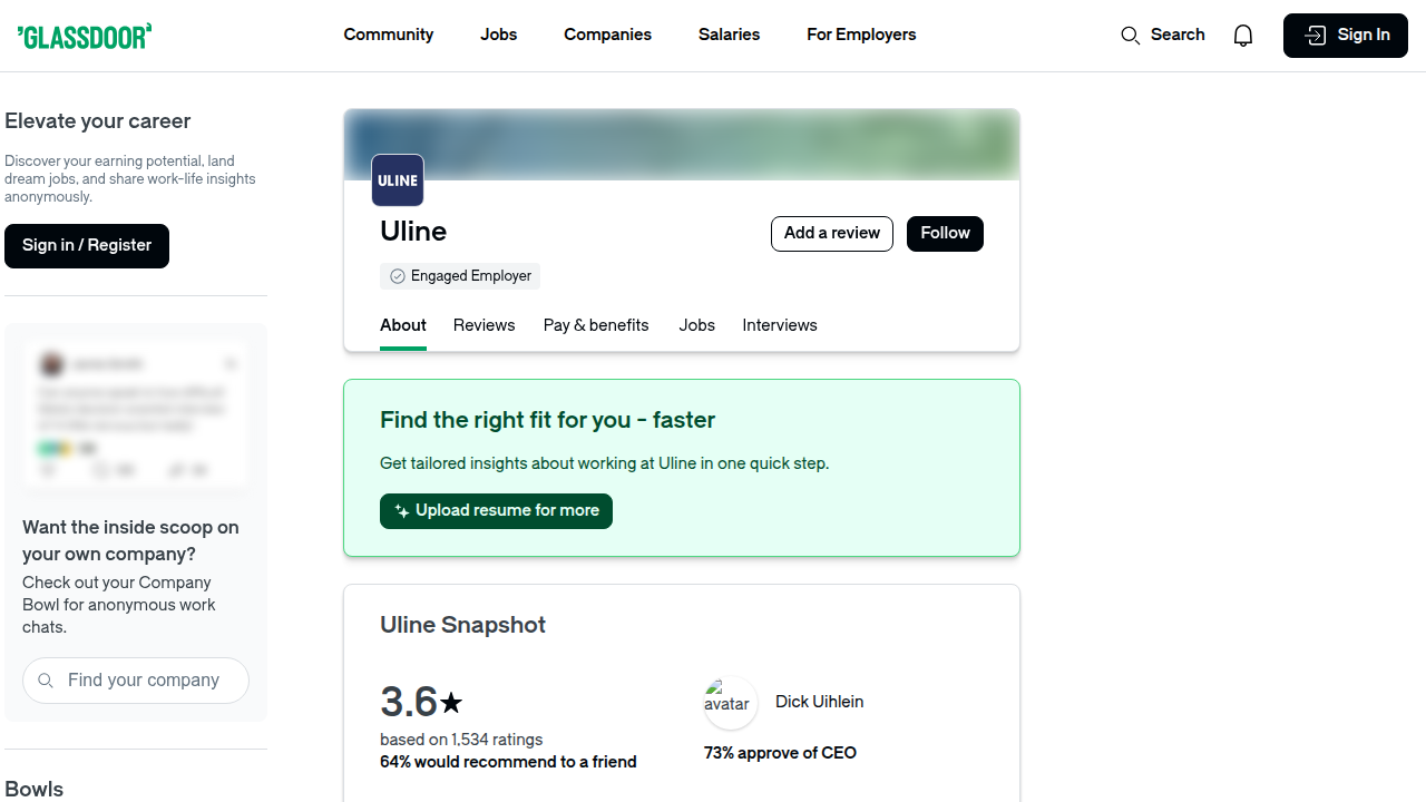 A screenshot of the Glassdoor Uline company page, showing the overall rating, employee reviews, and available job listings to provide a holistic view.